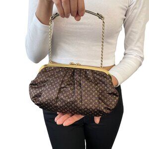 LOUIS VUITTON Vintage Monogram Aumoniere Mini Evening Bag Brown Satin [106440]